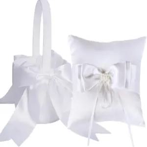 키르미지 웨딩 링 베개와 플라워 걸 바구니 세트 u2013 버터피 매듭 장식 화이트 새틴01