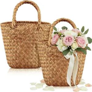 레몬로드 2개 결혼식용 플라워 걸 바구니 작은 소박한 해초 손잡이 보호 결혼식 꽃 보관 농가 장식 꽃잎