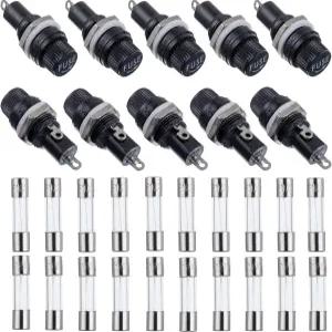 BOJACK 10 가치 30개 5X20mm 블랙 스크류 캡 퓨즈 홀더 250VAC 10A 125VAC 15A 10A/15A 고속 블로우 유리