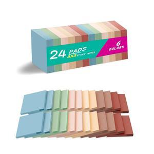 (패드 24개) 스티커 노트 7.6 x 7.6cm(3 3인치), 셀프 스틱 패드 빈티지 색상 메모, 재활용 가능, 가정, 사무실, 노트북에 쉽게 게시