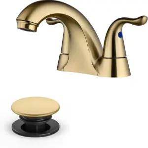 브러시드 골드 욕실 싱크대 수도꼭지 3구 4인치 팝업 배수구가 있는 이중 손잡이 센터셋 RV 배니티 튼튼한