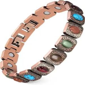 여성용 페라코 퓨어 구리 팔찌 3800 가우스 자석 및 천연 터쿼이즈 스톤이 포함된 초강력 마그네틱 조절