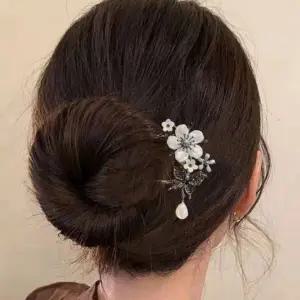 고급스러운 플라워 나비 진주 장식 여성용 U자형 비녀 헤어핀