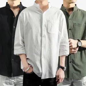 [아이에스이랩]남자 7부 차이나카라 린넨 셔츠 헨리넥 남방 I2SH018