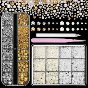 2박스 플랫백 진주와 네일용 구슬 혼합 사이즈 화이트 베이지 네일 아트 진주 고급 실버 골드 하프 펄 매력