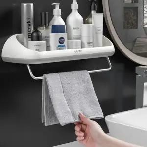 다용도 욕실 수납 선반 수건걸이 부착식 무타공 디자인 선반