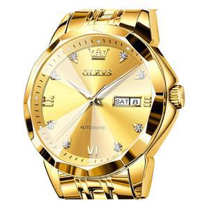 남성 OLEVS 시계 자동 클래식 기계식 다이아몬드 미러 스테인리스 스틸 원피스 캐주얼 방수 데이/날짜 캘린더