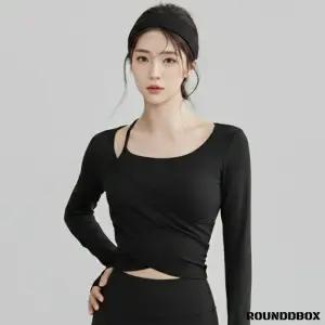 라운드박스 블랙 필라테스복 캡내장 요가상의 브랜드 러닝 롱슬리브 기능성티 런닝 러닝복 상의 성티 줌바