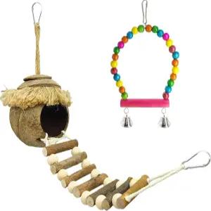 앵무새 잉꼬를 위한 집을 숨기기 위해 사다리를 매달고 있는 하밀레이 코코넛 새 둥지 오두막 잉꼬