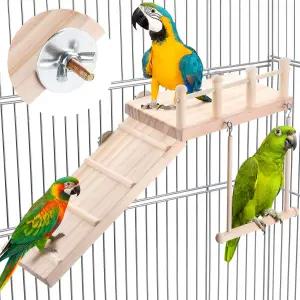 그네와 사다리가 있는 나무 새 서식지 플랫폼 - 튼튼한 긴 꼬리 앵무새 케이지 액세서리로 운동과 재미있는