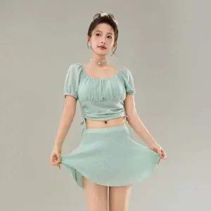 셔링 퍼프 2피스 수영복 원피스 치마