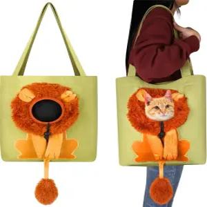 쿠노 펫 캔버스 숄더백 사자 모양 귀여운 고양이 캐리어 핸드백 작은 동물 용품 야외 여행용 휴대용 반려견