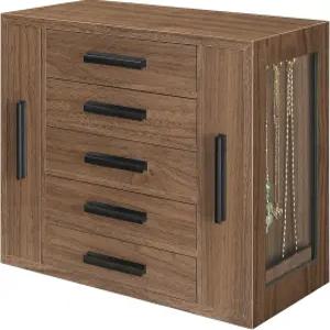 후브로 5단 주얼리 박스 투명 창문이 있는 나무 정리함 귀걸이 목걸이 팔찌 반지 시계 호두 및 블랙용 수직