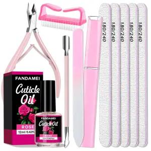 여성용 FANDAMEI 매니큐어 키트 유리 네일 파일이 포함된 케어 천연 큐티클 오일 트리머 푸셔 세트 준비