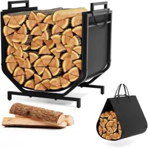 캔버스 캐리어가 있는 Wantfly 실내 및 실외 장작 홀더 벽난로용 작은 나무 선반 검은색