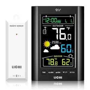 330피트 범위 센서와 조절 가능한 백라이트(블랙)를 갖춘 기상 관측소 무선 실내 실외 온도계 내부 외부