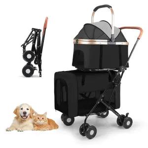 개 2마리와 고양이 2마리를 위한 이앤펫 반려동물 유모차 4륜 더블 도그 탈부착 가능한 캐리어 접이식 여행