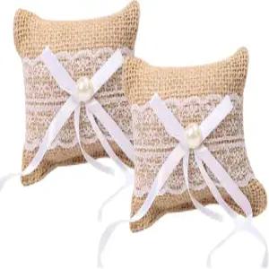 ccHuDE 2pcs 버랩 링 베개 결혼식 베어러 레이스 신부 홀더 빈티지 디스플레이 베개와 활이 있는