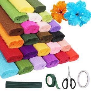 24가지 색상 파펠 와플 종이 10 X 98인치 롤 100개의 그린 플로럴 와이어 화환 양면 테이프 가위 DIY 결혼식 생일파티 장식 스트리머에 사용됩니다