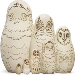 AEVVVV 올빼미 공예 빈 러시아 둥지 인형 세트 7개