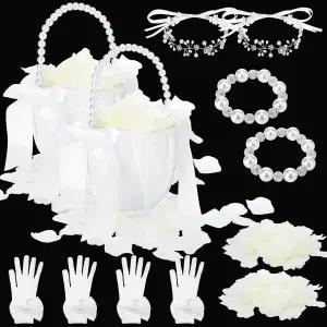 버체리 10개 플라워 걸 바구니 웨딩 세트 흰색 장식 액세서리 반짝이는 머리띠 2개 팔찌 장갑 2쌍 진주 활