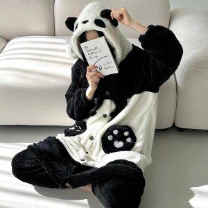 팬더 로브 극세사 코스튬 수면잠옷 긴팔 바지 세트 원피스 가운 여성 기모 파자마 겨울