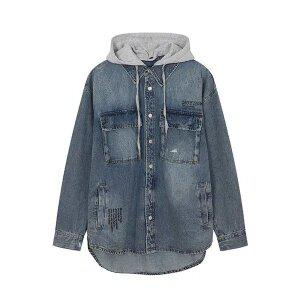 공용)  난스판 후드탈부착 프린트 오픈구제 올약워싱  데님셔켓_AM3DDH542-MB