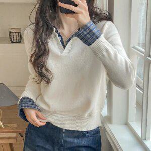 [분위기UP/데일리템] 체크 레이어드 트임 니트