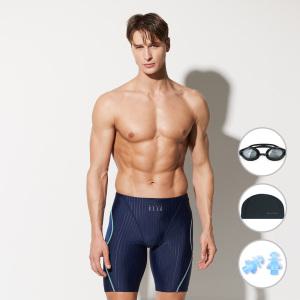 [4종세트] 베이직엘르 남성 네이비 5부 사각 골지 실내수영복 BEZ-W409N