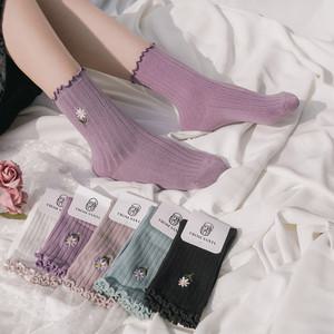 [프롬산타] 여성용 꽃자수 중목양말 5켤레 데이지프릴 골지/패션/학생/교복/원피스/운