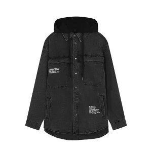 공용)  난스판 후드탈부착 후다변형 프린트 솔트워싱  데님셔켓_AM3DDH541-BK