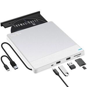 NOLYTH Mac용 외장 CD 드라이브: 노트북 윈도우용 USB 3.0 Type-C DVD 버너 플레이어(SD /TF /2 포트 플러그 앤 플레이) (실버 화이트)