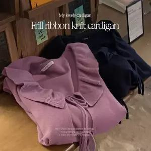 핫핑 [레이어드/모달니트] 마임 프릴카라 리본 볼레로 긴팔가디건