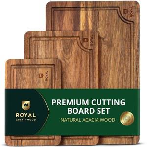 로얄 크래프트 우드 아카시아 나무 도마 세트 3u2013 프리미엄 주방 식사 준비 및 서빙용 - 깊은 주스 홈 측면 손잡이가 있는 고기용 샤커트리 & 블록