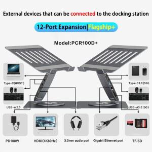 12포트 도킹 스테이션이 포함된 알루미늄 합금 태블릿 노트북 스탠드는 360도 회전 가능 4K HDMl 호환 캐스트 스크린