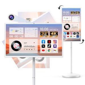 키요모 32인치 스마트 휴대용 TV 온 휠, UHD 터치스크린 롤링 TV, 16GB RAM + 128GB 스토리지, 강력한 퀄컴 스냅드래곤 CPU, 안드로이드 14 EDLA 인증,