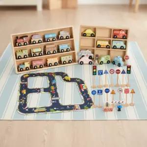 캐스B 원목 탈것과 도로교통놀이 4종세트 자석기차 도로 만들기 표지판 원목 신호등 꾸미기