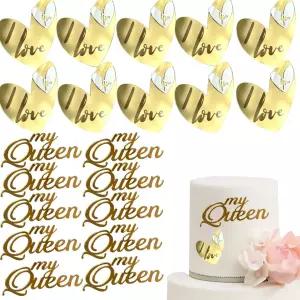 20개의 PCS 발렌타인데이 케이크 토퍼 골드 아크릴 러브 하트 마이 퀸 미러 디스크 컵케이크 기념 약혼