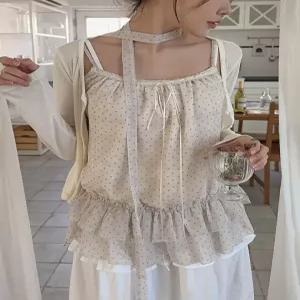 [엘루이즈][엘루이즈] [3set발레코어] 루브링 티어드 프릴 도트 나시 초커 가디건 세트(2color)