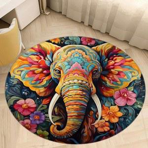코끼리 원형 지역 러그 만다라 컬러풀 플라워 보호 레트로 종족 부족 아프리카 보헤미안 인도 열대 야생 동물 서클 논 슬립 매트 주방 거실 침실 욕실 장식 4피트
