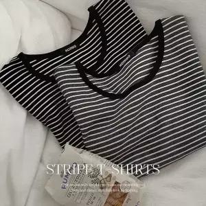 핫핑 [피치기모/슬림여리핏] 더벨 스트라이프 유넥 7부 티셔츠