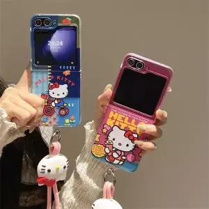 귀여운 만화 헬로키티 삼성 호환 갤럭시 Z 플립 7 6 캔디 컬러풀 하드 케이스 플립4 5용 끈 포함
