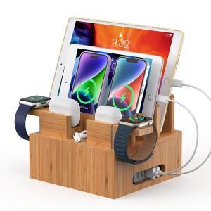 여러 장치를 위한 대나무 충전 스테이션 주최자 전화 태블릿 이어버드와 호환되는 데스크탑 도킹