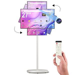 27인치 FHD 스마트 휴대용 TV, 롤링 TV 온 휠, 안드로이드 15 OS, 6G +128GB 스토리지, 터치스크린 모니터, 13MP 카메라, 내장 배터리, 60Hz 주사율,