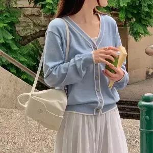 핫핑 모네 브이넥 비스코스 배색 니트가디건