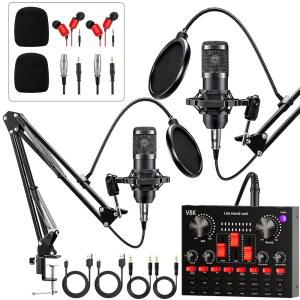 브르보무시 팟캐스트 장비 번들 2인용, 게이머용 보이스 체인저 콘덴서 마이크 포함 오디오 인터페이스, 라이브 스트리밍, 노래, 유튜브, 게임에 완벽한 올인원 믹서