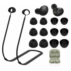 [미국배송] 삼성제품호환 버즈 2 SMR177용 IEXCEL 스트랩 이어팁 키트 분실 방지 소프트 실리콘 랜야드 넥 로프 코드 줄 젤 삼성호환 버즈와 호환되는 이어버드 스킨 액세서리 - 블랙