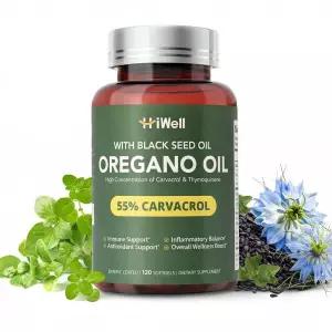 HiWell 블랙 씨드 오일이 함유된 오레가노 오일, 고강도 55% 카바크롤 및 티모퀴논이 함유된 오레가노 오일