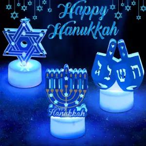 6 PCS 하누카 티 라이트 양초 배터리 작동 LED 불 없는 청록색 데이비드 메노라 드레이델 장식 가정용 주방