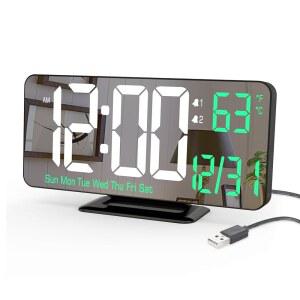 코수모 데스크 시계 6.7인치 블랙 디지털 알람 시계, 듀얼 알람, 디밍, 날짜, 요일, 온도, 12시간 24시간, 테이블 장식용 LED 캘린더 미러 필수품